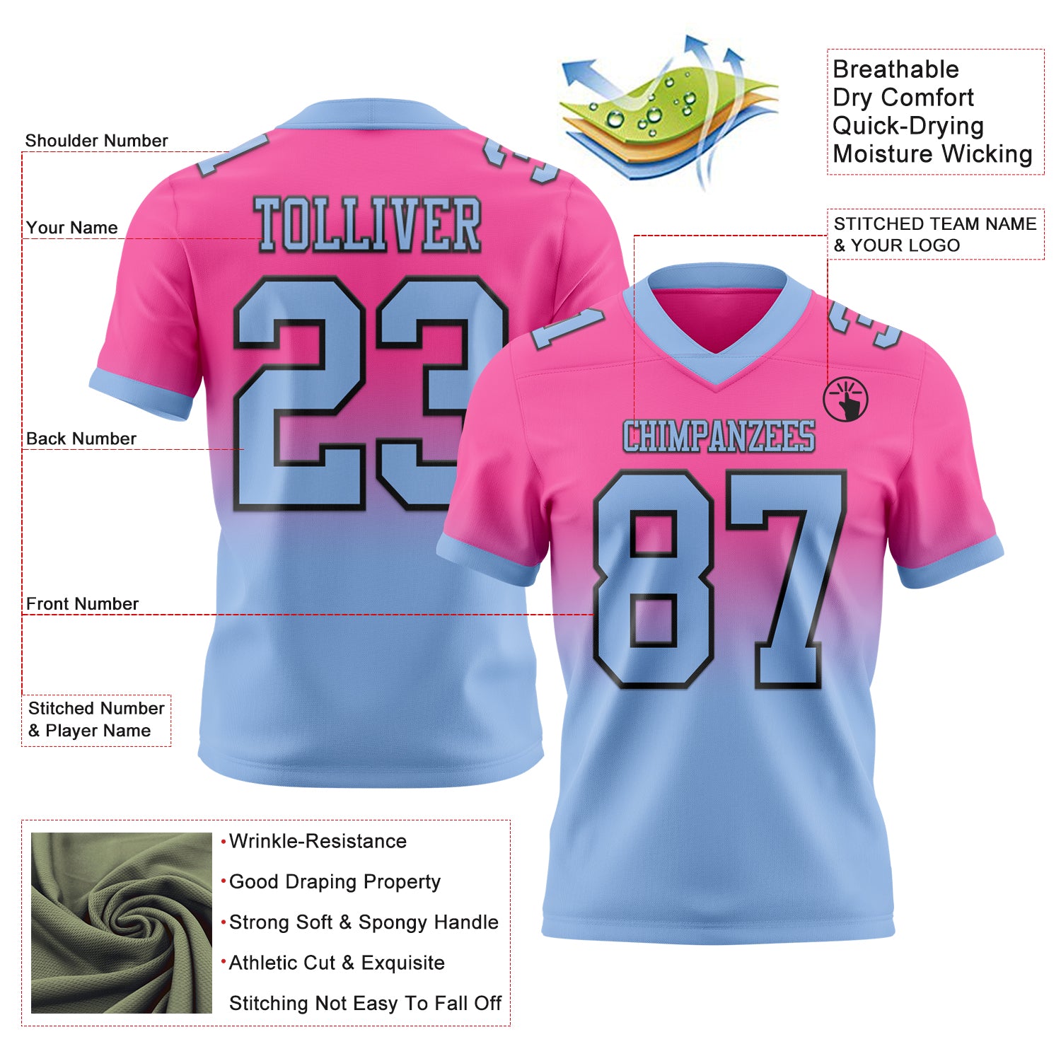 Custom Pink Light Blue-Black Authentic Fade Fashion Football Jersey
