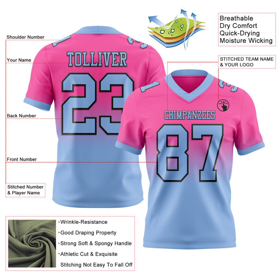 Custom Pink Light Blue-Black Authentic Fade Fashion Football Jersey