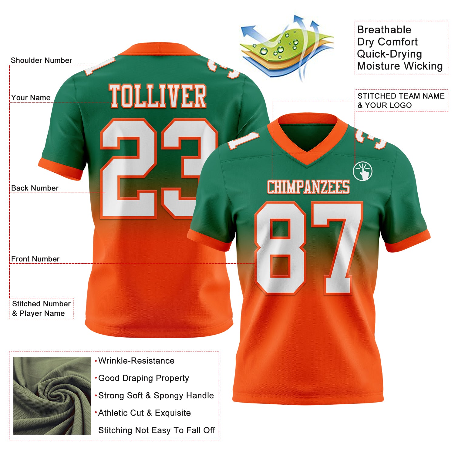 Custom Kelly Green White-Orange Authentic Fade Fashion Football Jersey