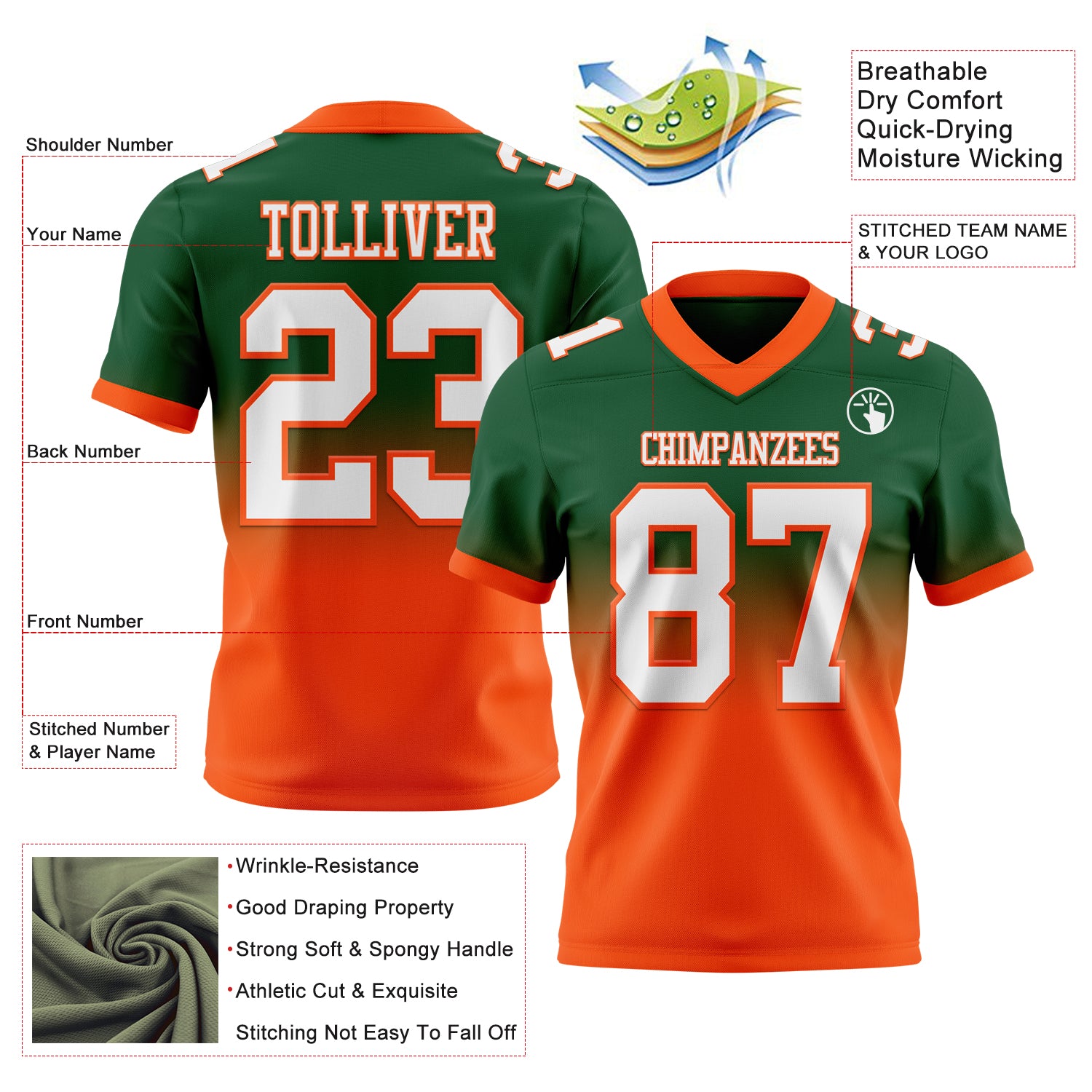 Custom Green White-Orange Authentic Fade Fashion Football Jersey