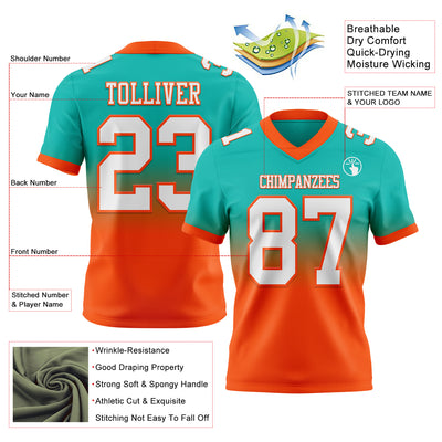 Custom Aqua White-Orange Authentic Fade Fashion Football Jersey