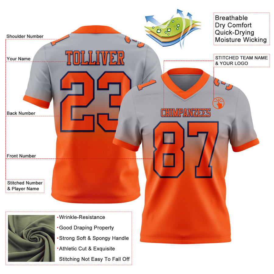 Custom Gray Orange-Navy Authentic Fade Fashion Football Jersey