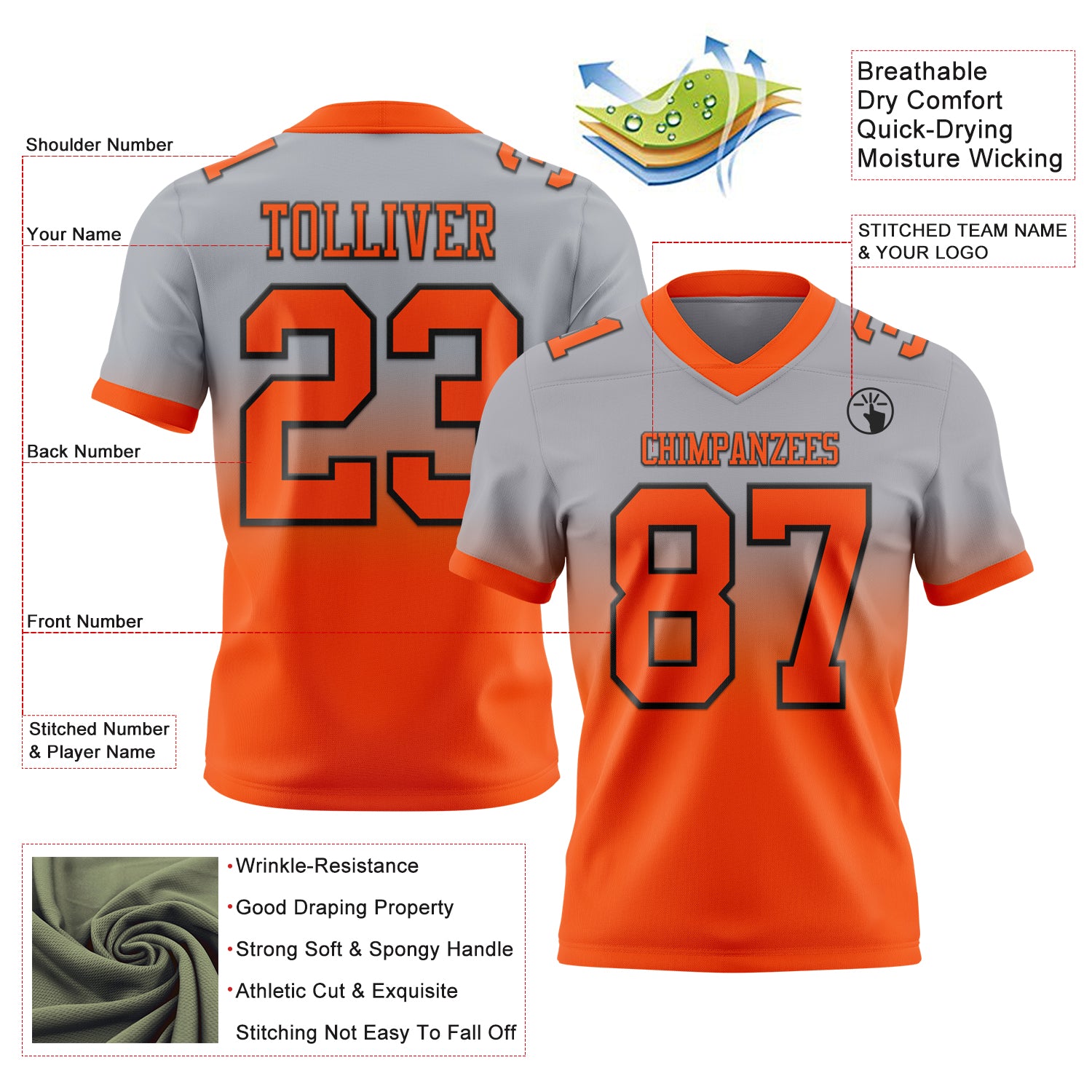 Custom Gray Orange-Black Authentic Fade Fashion Football Jersey