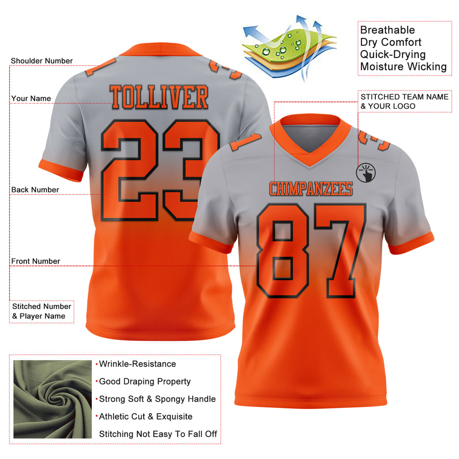 Custom Gray Orange-Black Authentic Fade Fashion Football Jersey