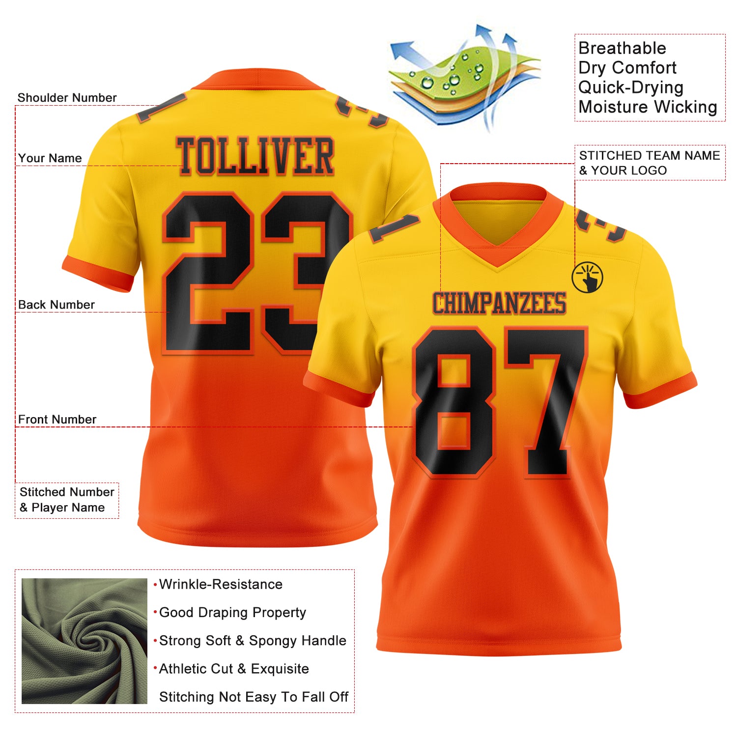 Custom Yellow Black-Orange Authentic Fade Fashion Football Jersey