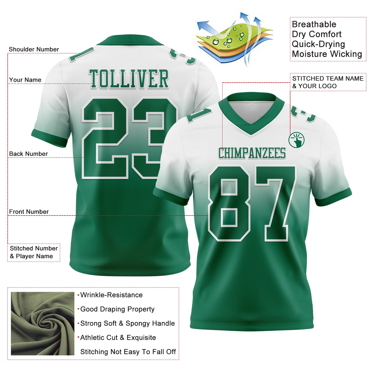 Custom White Kelly Green Authentic Fade Fashion Football Jersey