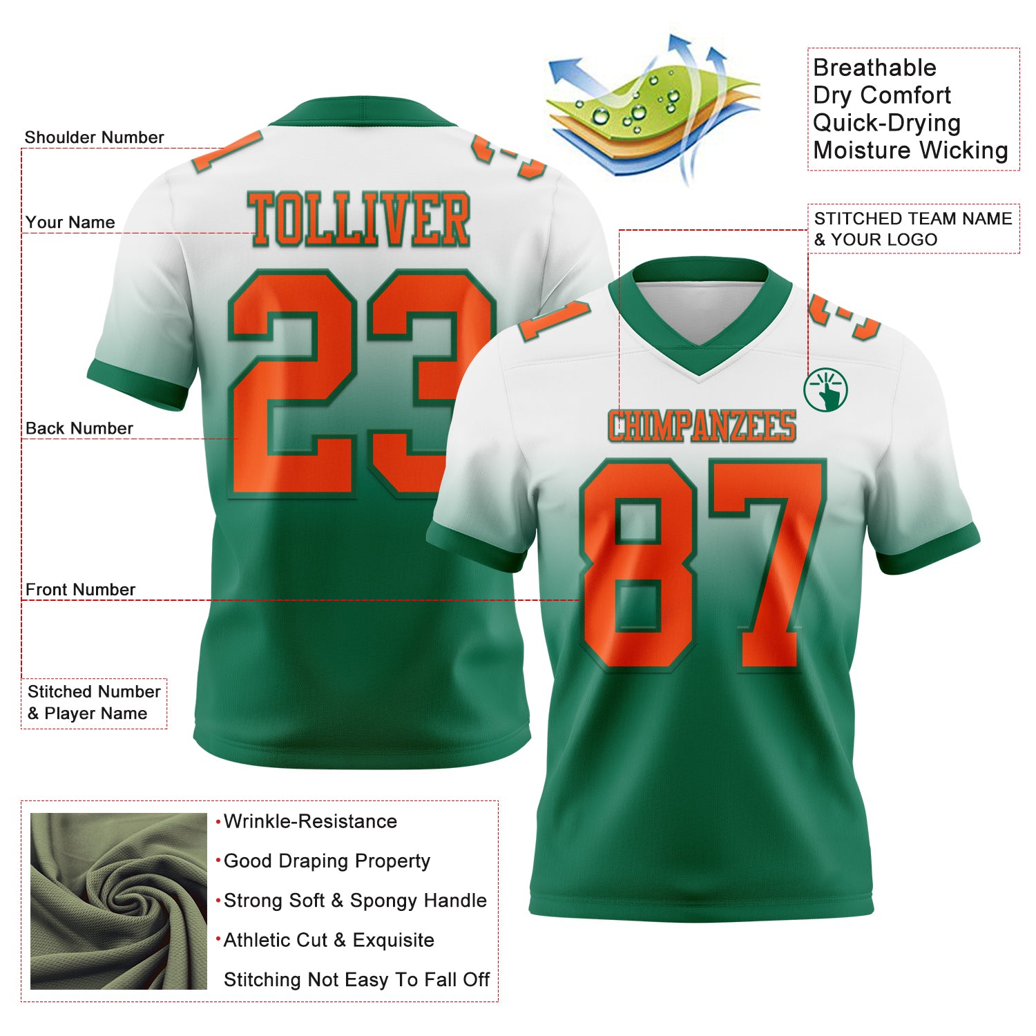 Custom White Orange-Kelly Green Authentic Fade Fashion Football Jersey