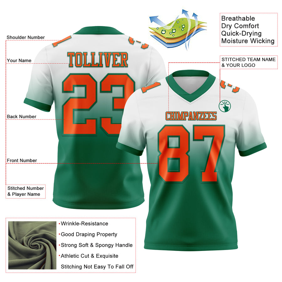 Custom White Orange-Kelly Green Authentic Fade Fashion Football Jersey