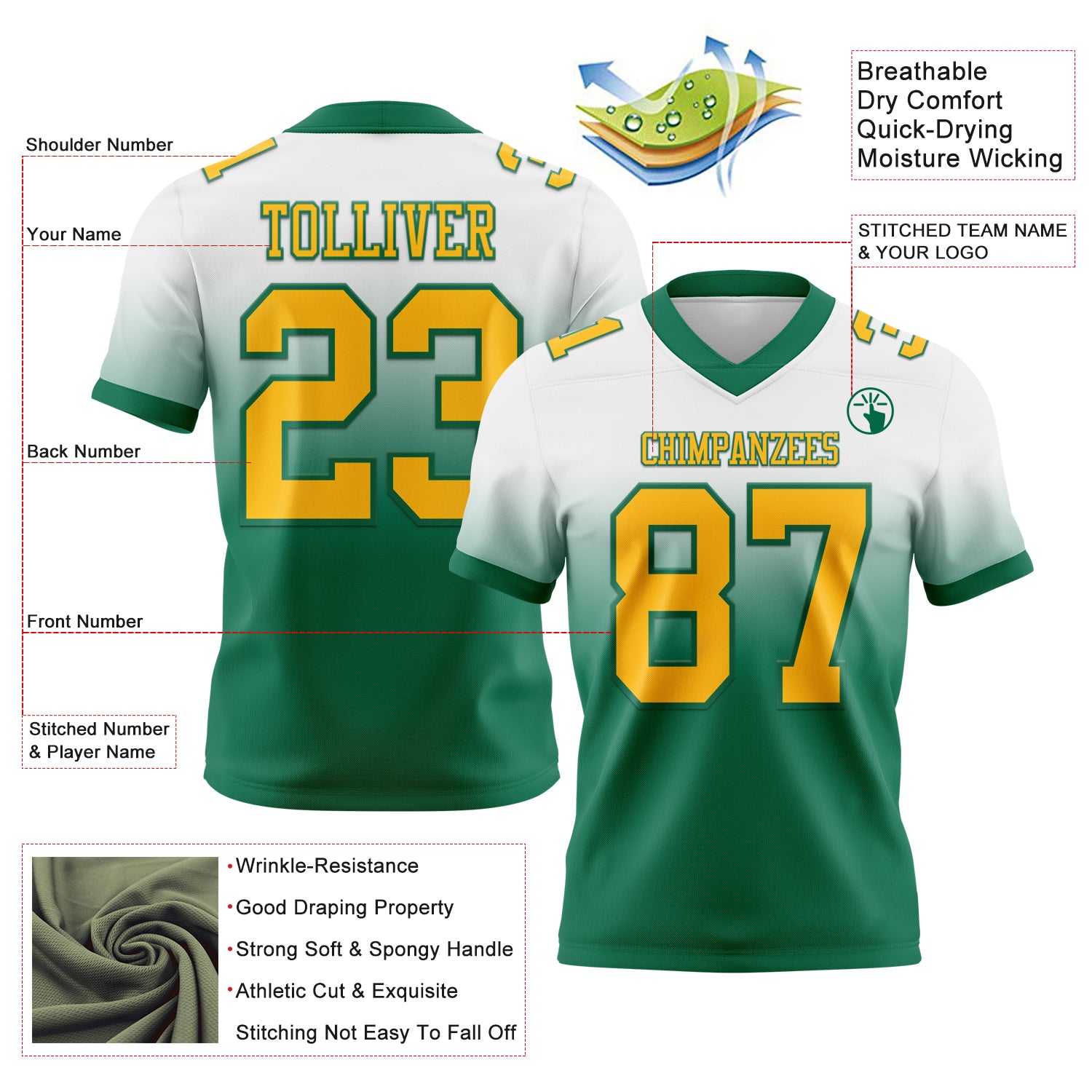 Custom White Gold-Kelly Green Authentic Fade Fashion Football Jersey