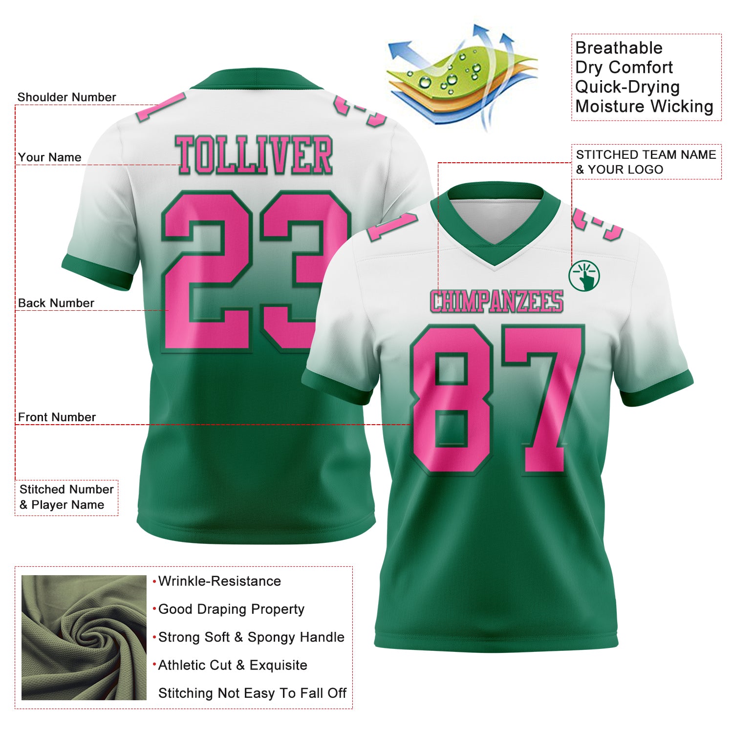 Custom White Pink-Kelly Green Authentic Fade Fashion Football Jersey