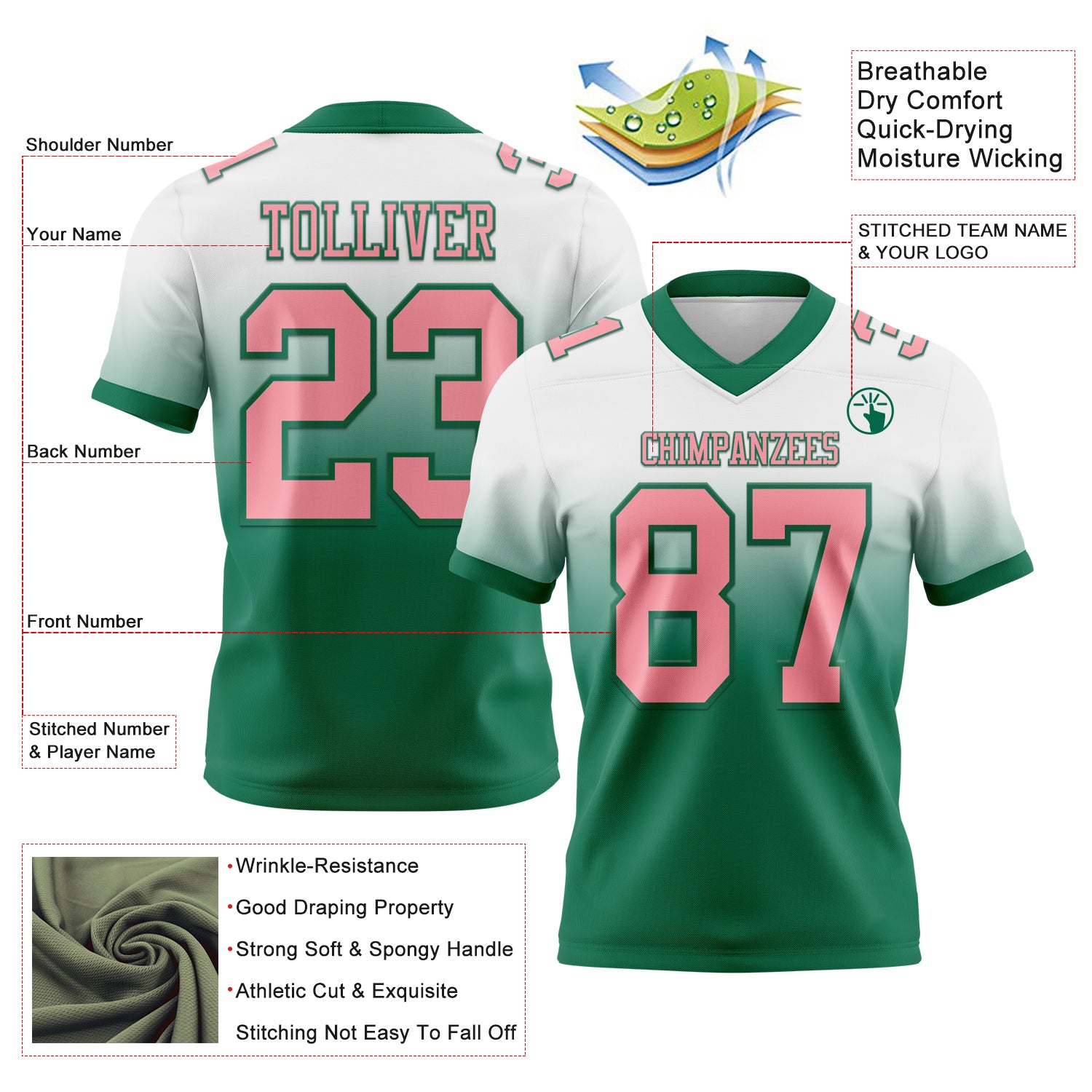 Custom White Medium Pink-Kelly Green Authentic Fade Fashion Football Jersey