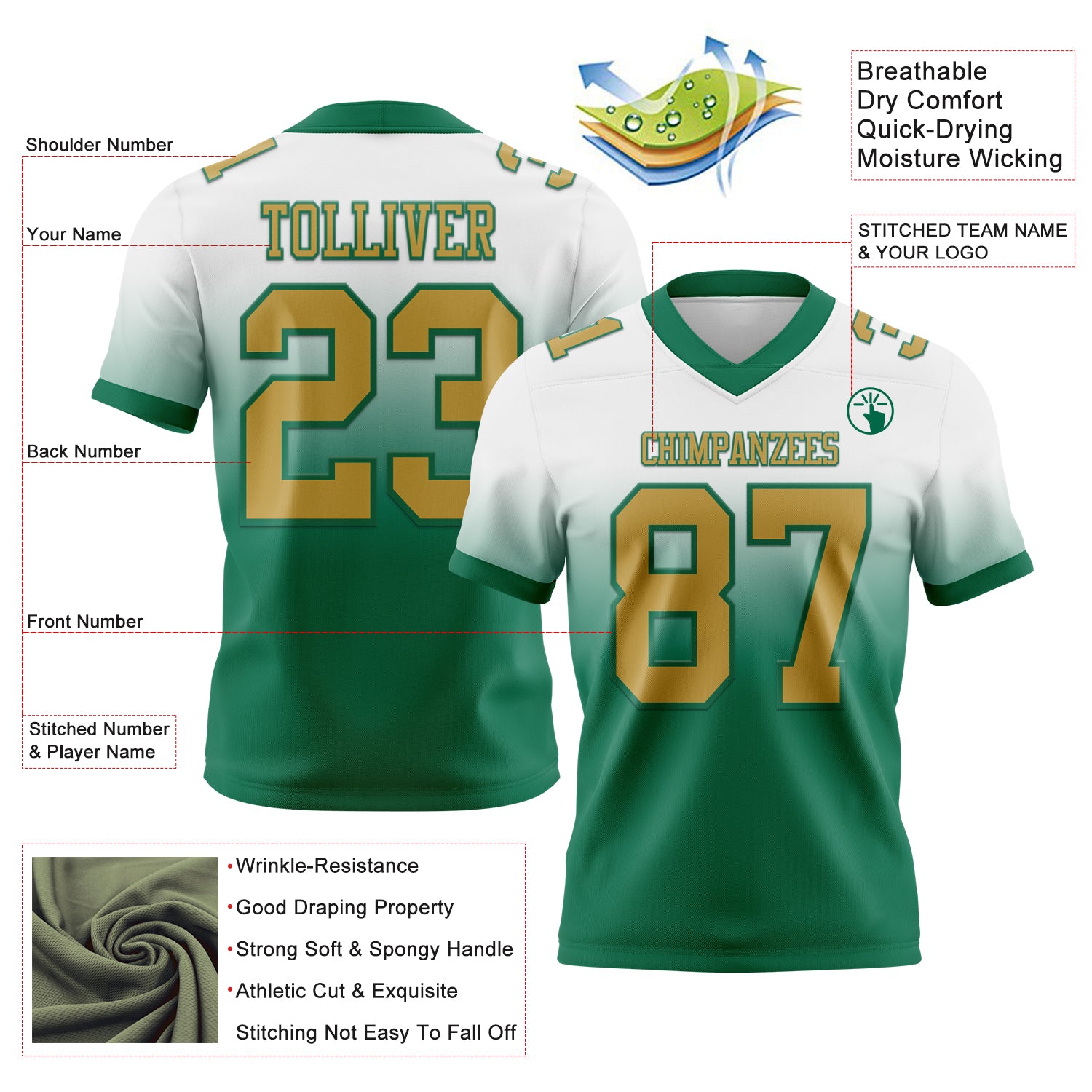 Custom White Old Gold-Kelly Green Authentic Fade Fashion Football Jersey