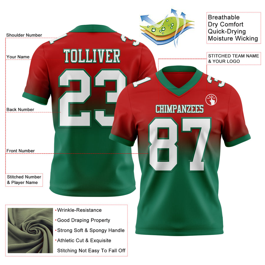 Custom Red White-Kelly Green Authentic Fade Fashion Football Jersey