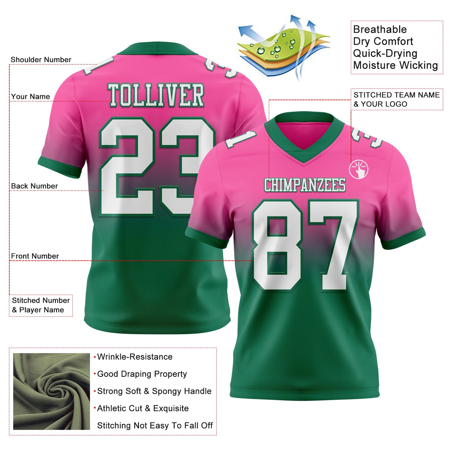 Custom Pink White-Kelly Green Authentic Fade Fashion Football Jersey