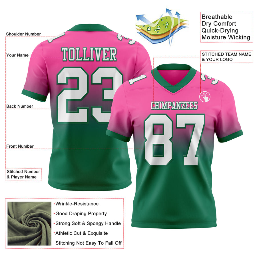 Custom Pink White-Kelly Green Authentic Fade Fashion Football Jersey