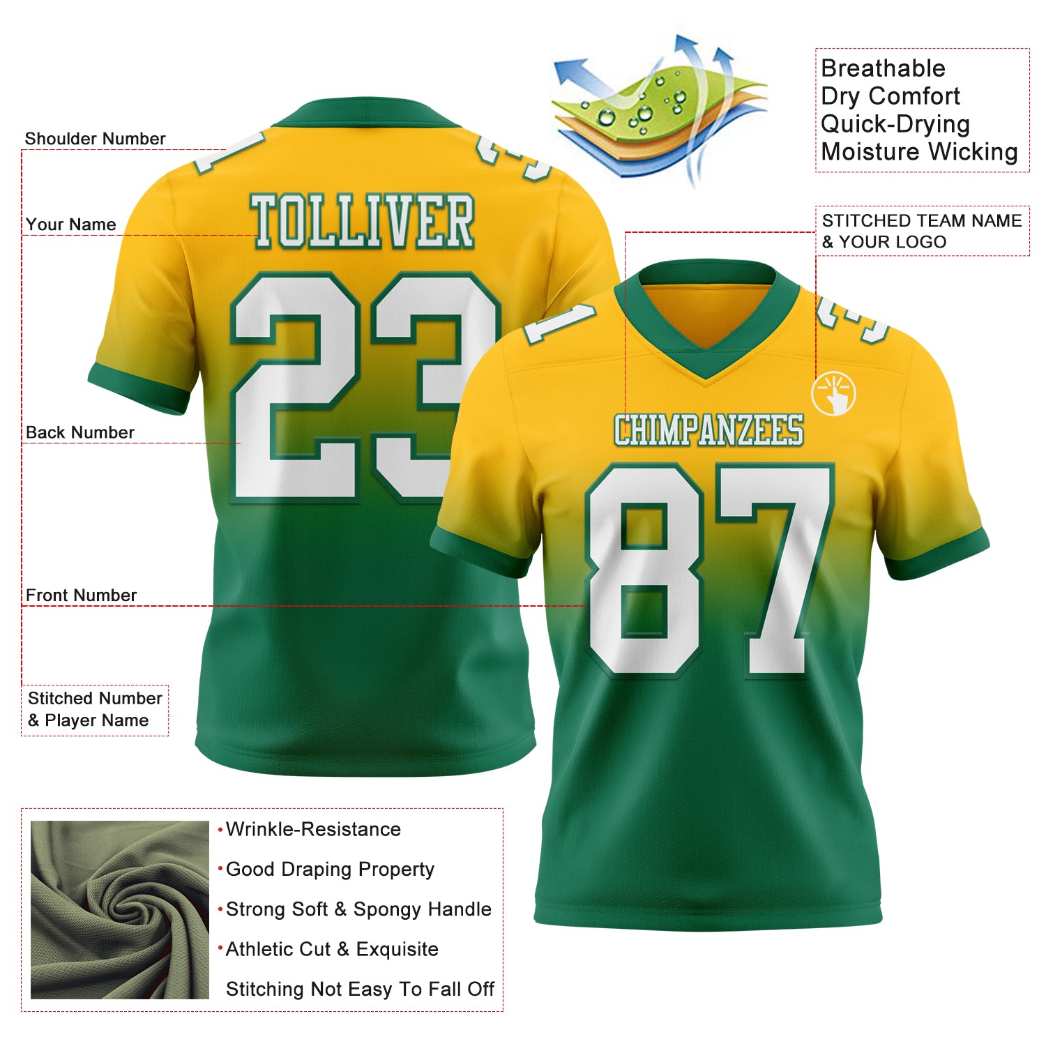 Custom Gold White-Kelly Green Authentic Fade Fashion Football Jersey