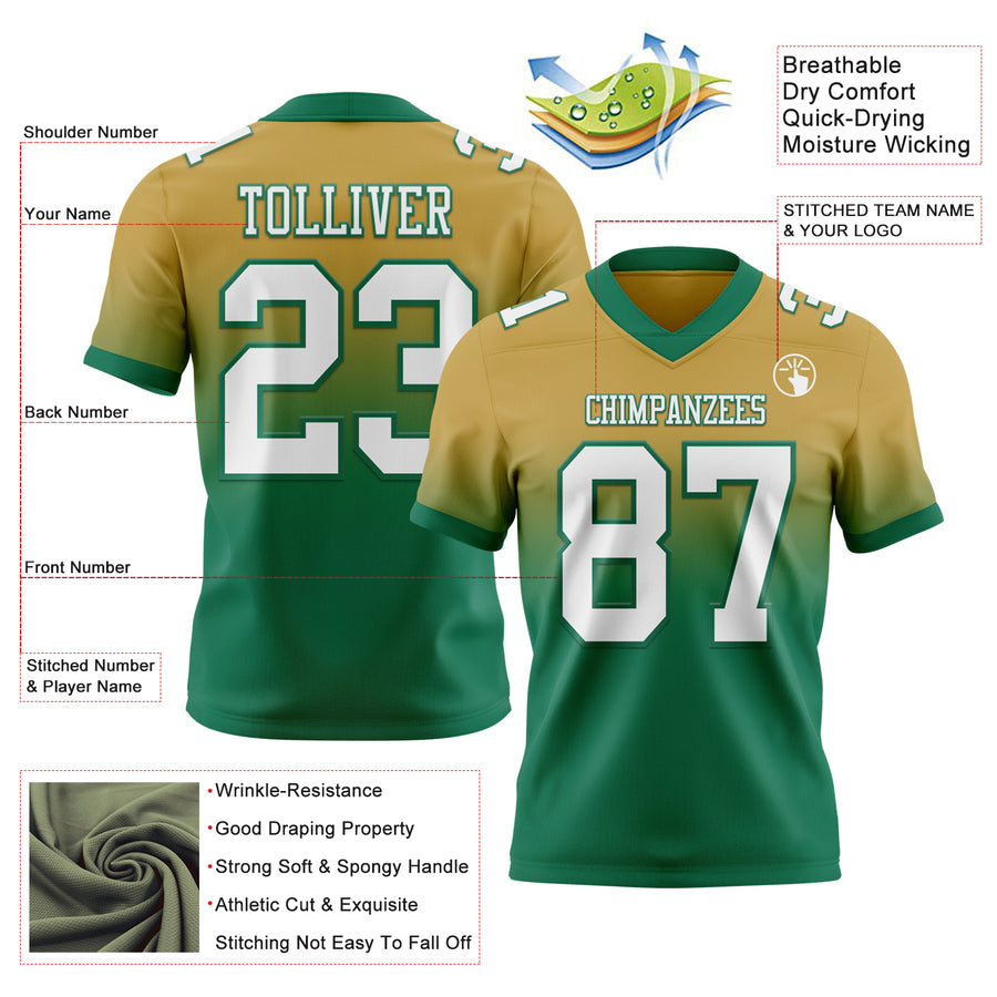 Custom Old Gold White-Kelly Green Authentic Fade Fashion Football Jersey
