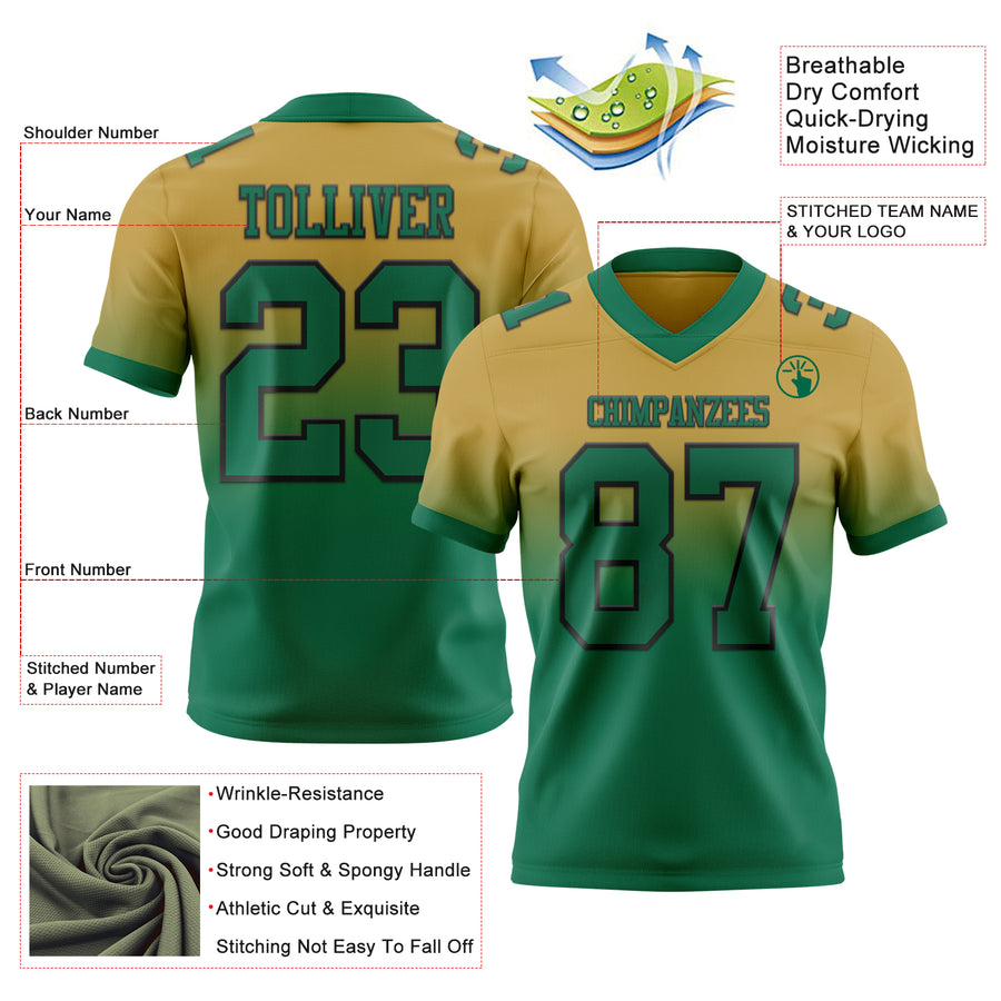 Custom Old Gold Kelly Green-Black Authentic Fade Fashion Football Jersey