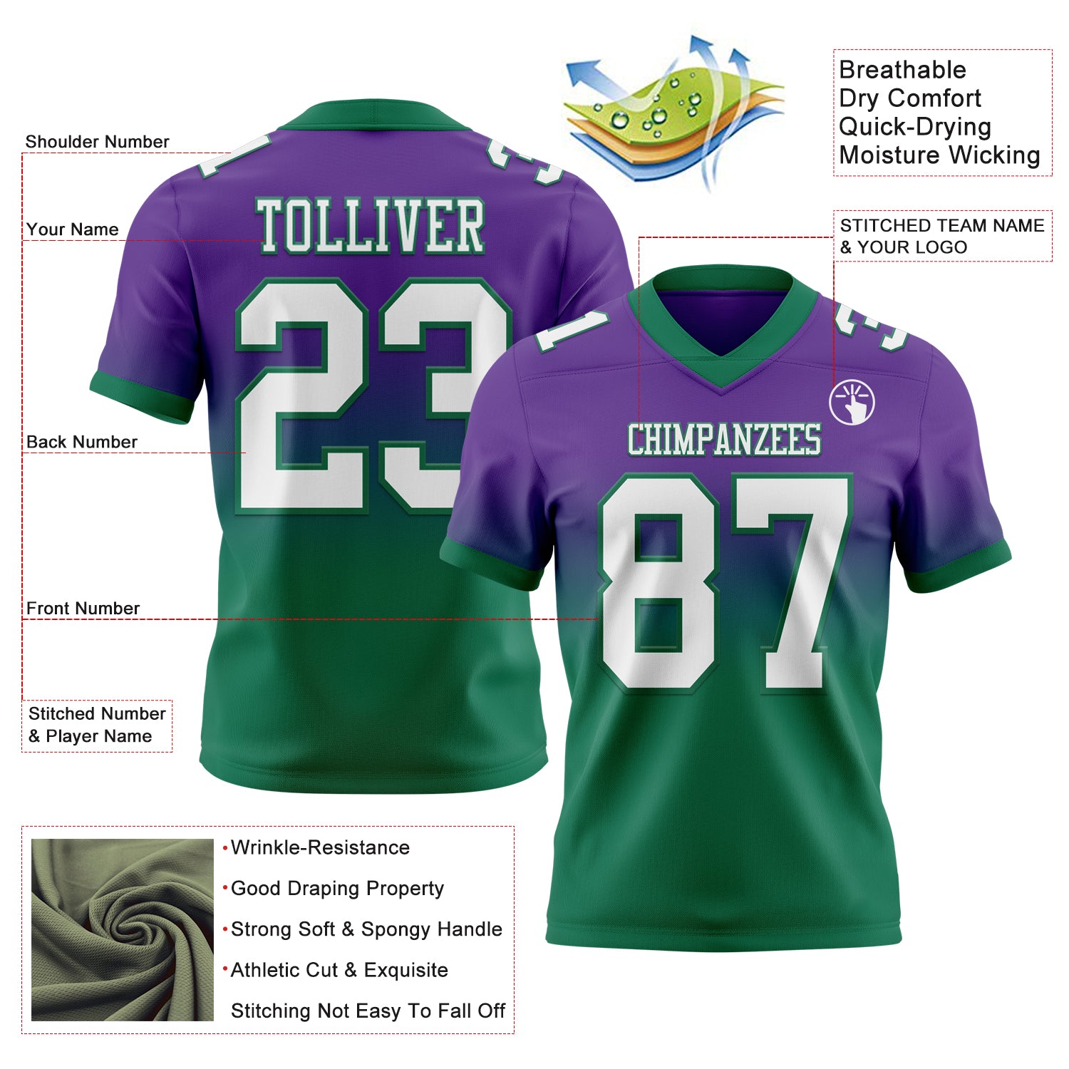 Custom Purple White-Kelly Green Authentic Fade Fashion Football Jersey