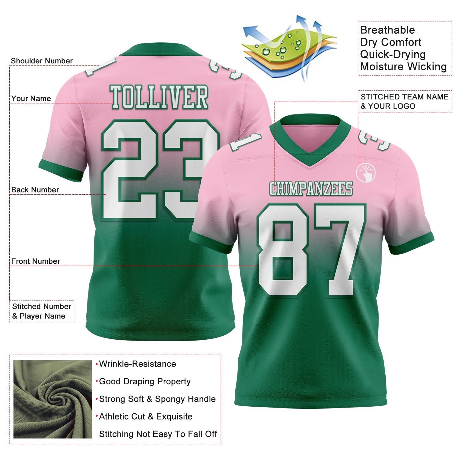Custom Light Pink White-Kelly Green Authentic Fade Fashion Football Jersey