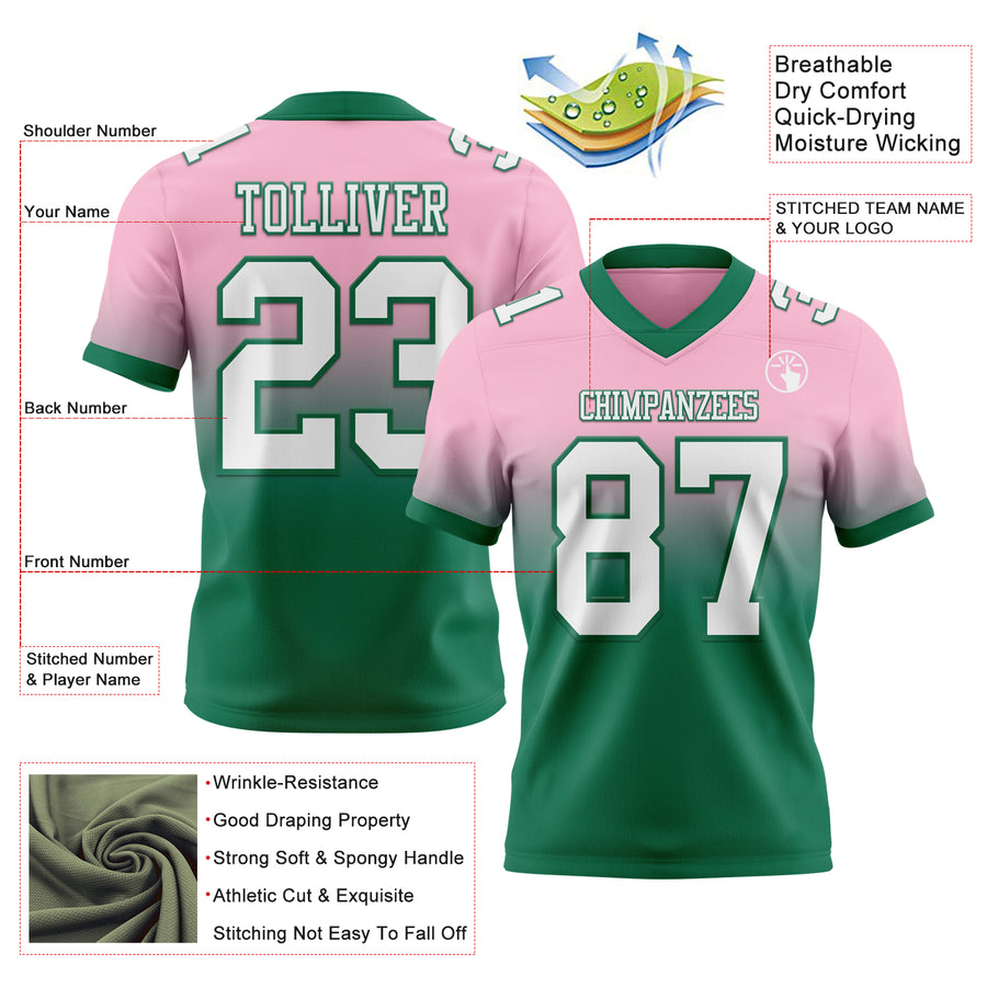 Custom Light Pink White-Kelly Green Authentic Fade Fashion Football Jersey