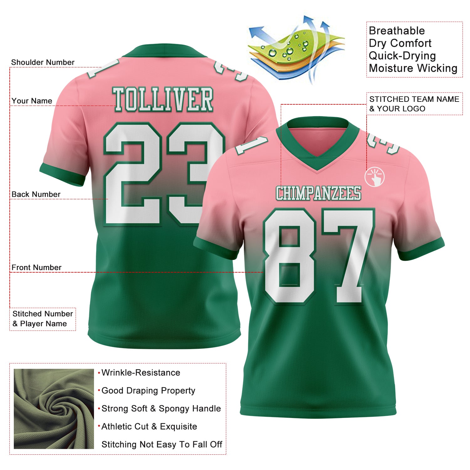 Custom Medium Pink White-Kelly Green Authentic Fade Fashion Football Jersey