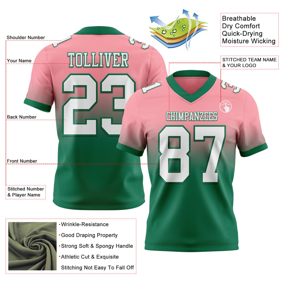 Custom Medium Pink White-Kelly Green Authentic Fade Fashion Football Jersey