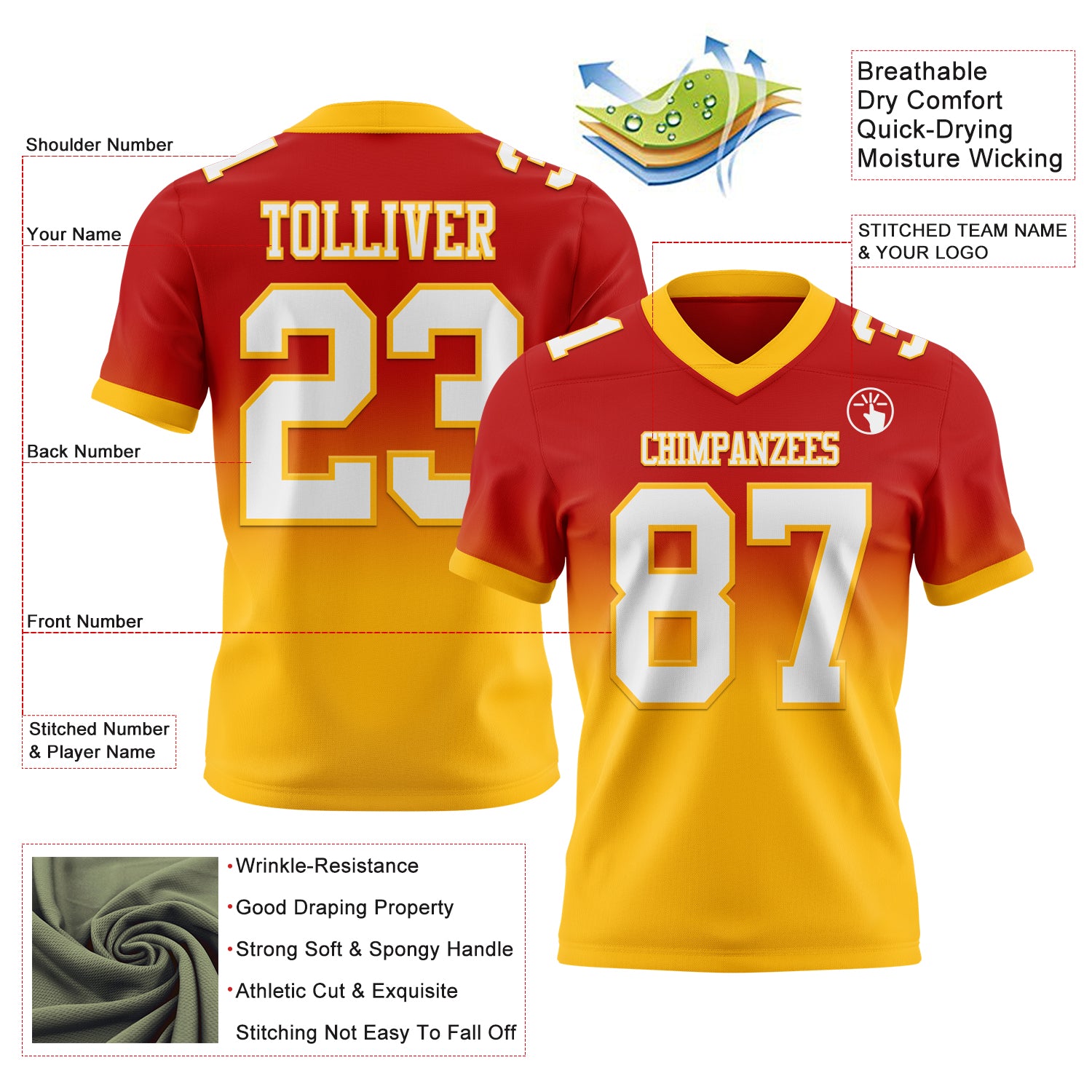 Custom Red White-Gold Authentic Fade Fashion Football Jersey