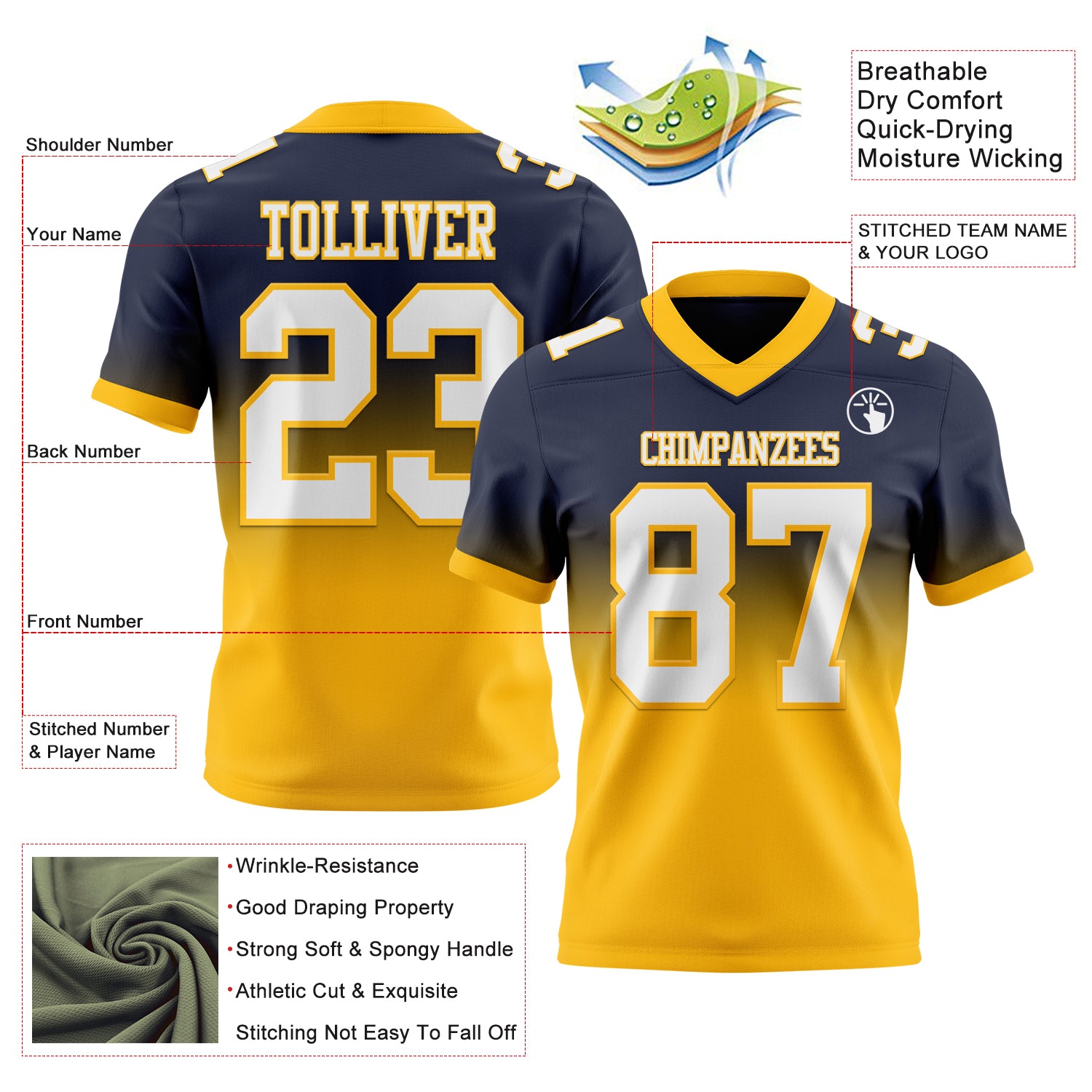 Custom Navy White-Gold Authentic Fade Fashion Football Jersey