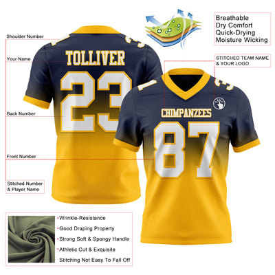 Custom Navy White-Gold Authentic Fade Fashion Football Jersey