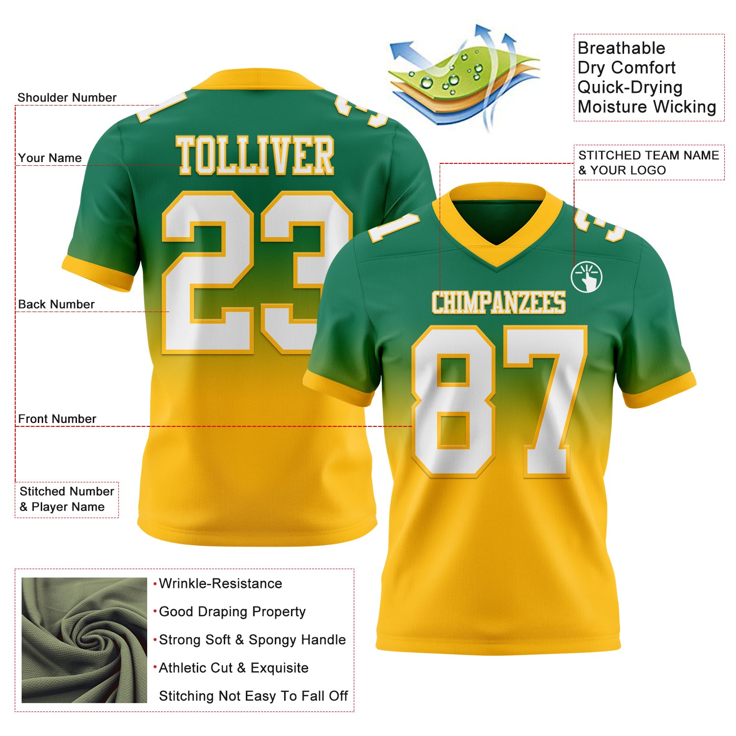 Custom Kelly Green White-Gold Authentic Fade Fashion Football Jersey