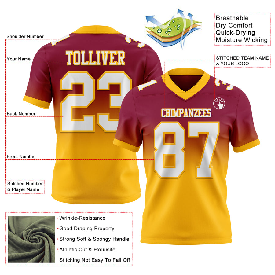 Custom Maroon White-Gold Authentic Fade Fashion Football Jersey