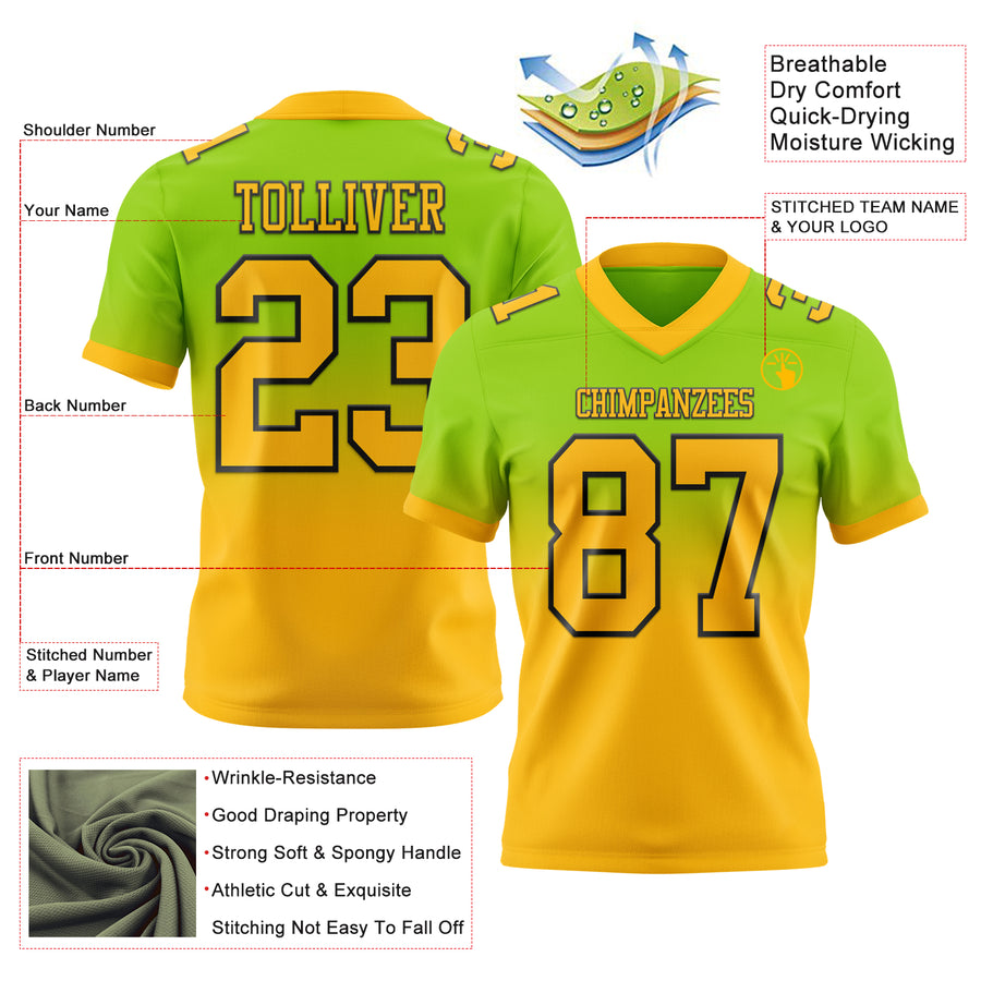 Custom Neon Green Gold-Black Authentic Fade Fashion Football Jersey