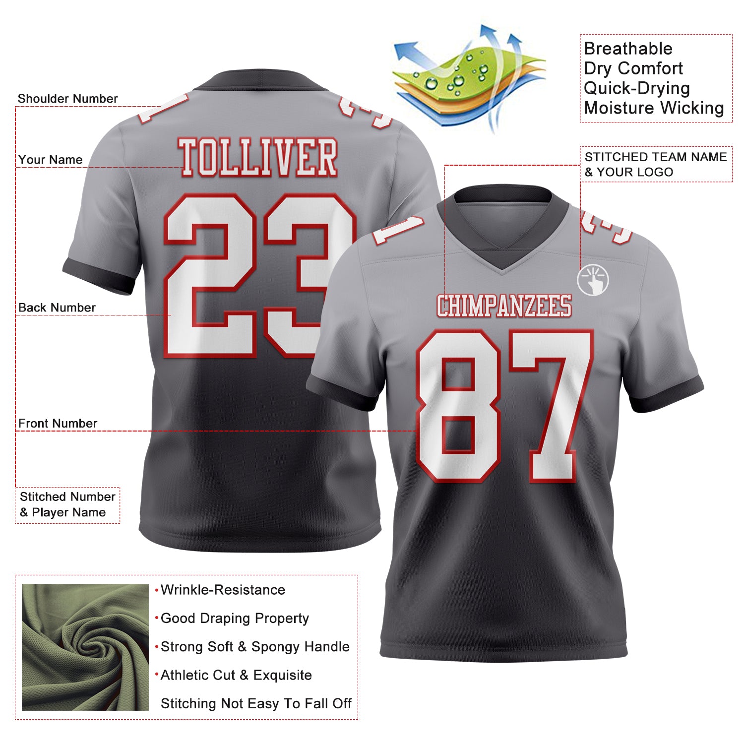 Custom Gray White Steel Gray-Red Authentic Fade Fashion Football Jersey