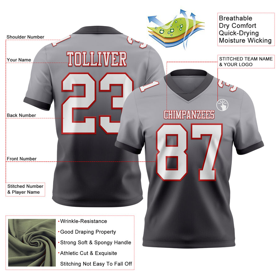 Custom Gray White Steel Gray-Red Authentic Fade Fashion Football Jersey