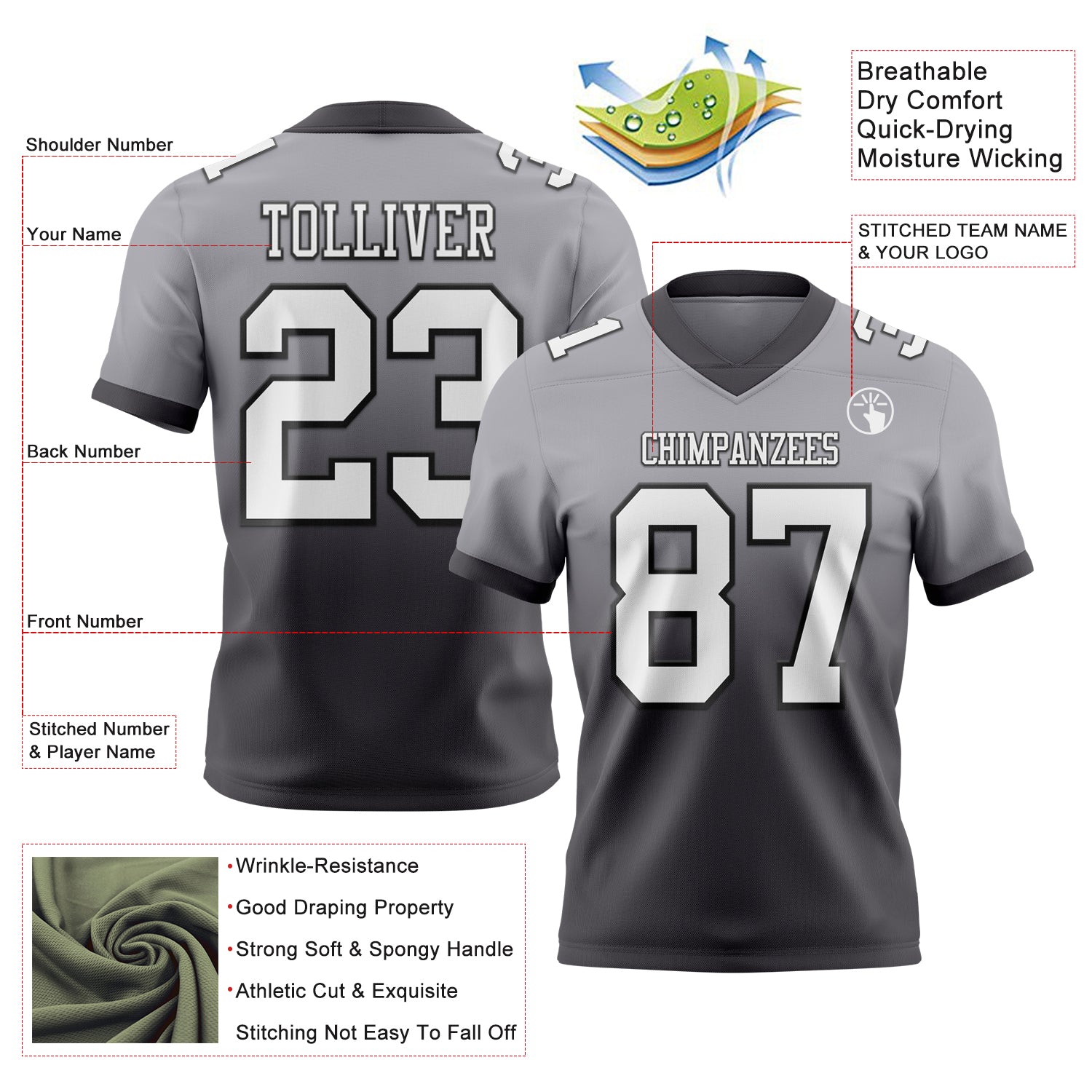 Custom Gray White Steel Gray-Black Authentic Fade Fashion Football Jersey