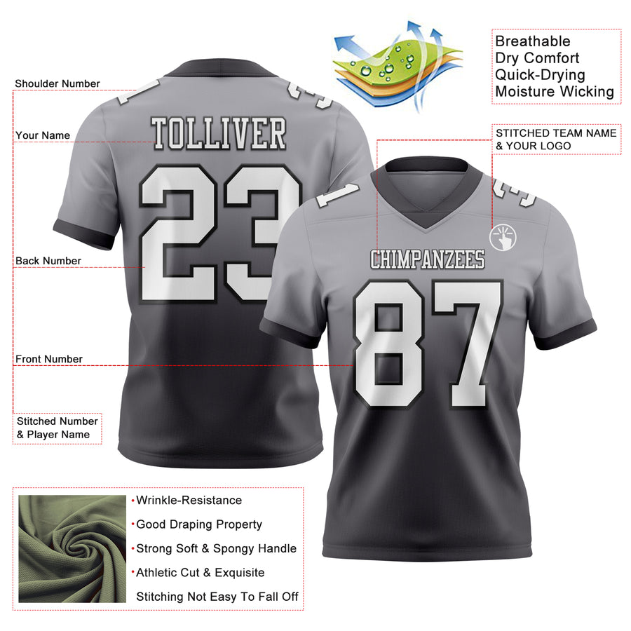 Custom Gray White Steel Gray-Black Authentic Fade Fashion Football Jersey