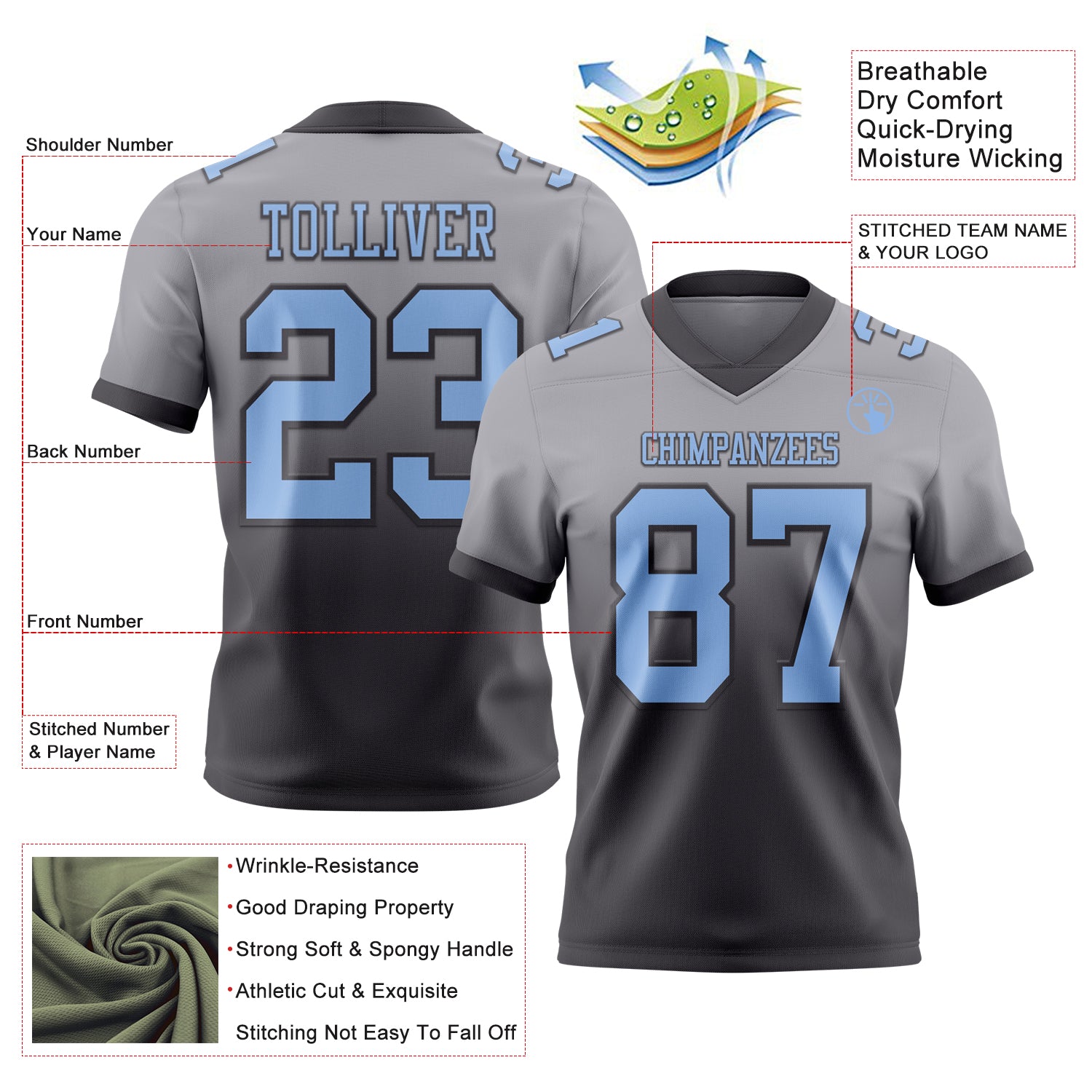 Custom Gray Light Blue-Steel Gray Authentic Fade Fashion Football Jersey