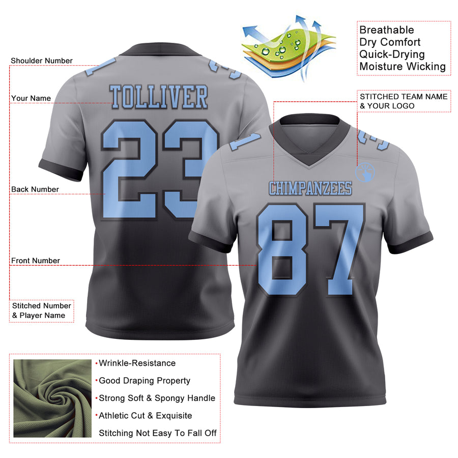 Custom Gray Light Blue-Steel Gray Authentic Fade Fashion Football Jersey