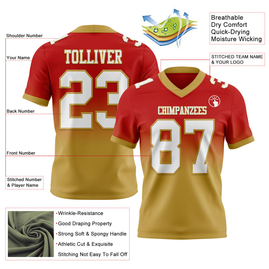 Custom Red White-Old Gold Authentic Fade Fashion Football Jersey