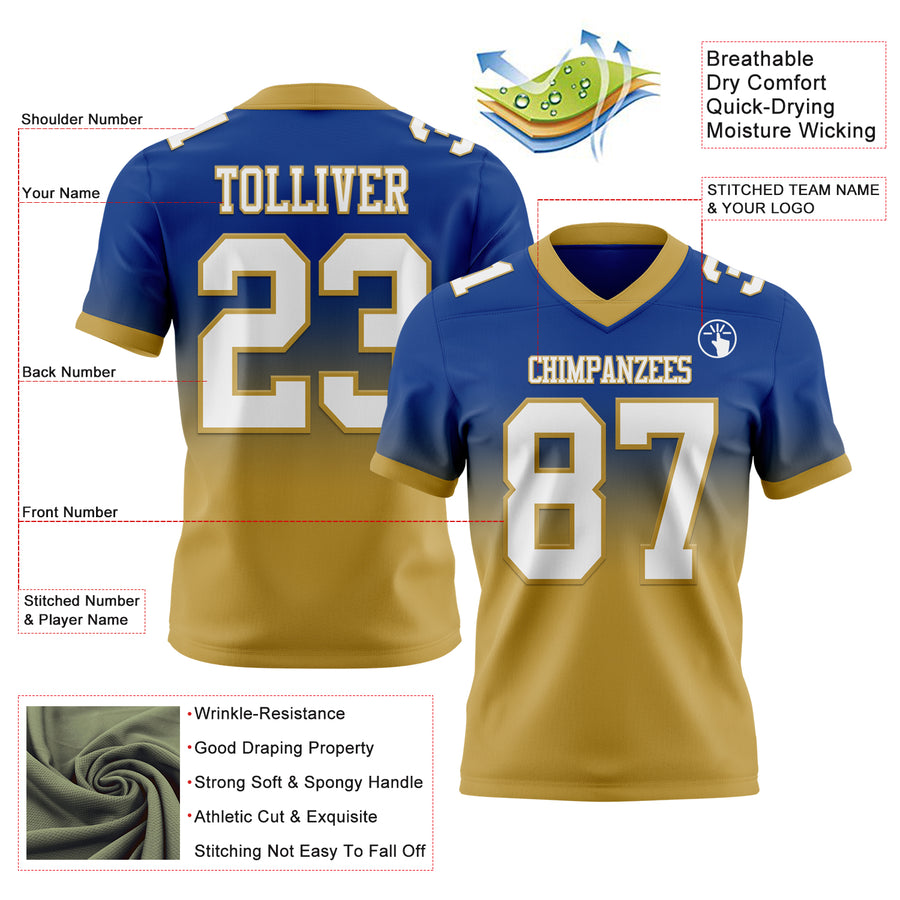 Custom Royal White-Old Gold Authentic Fade Fashion Football Jersey
