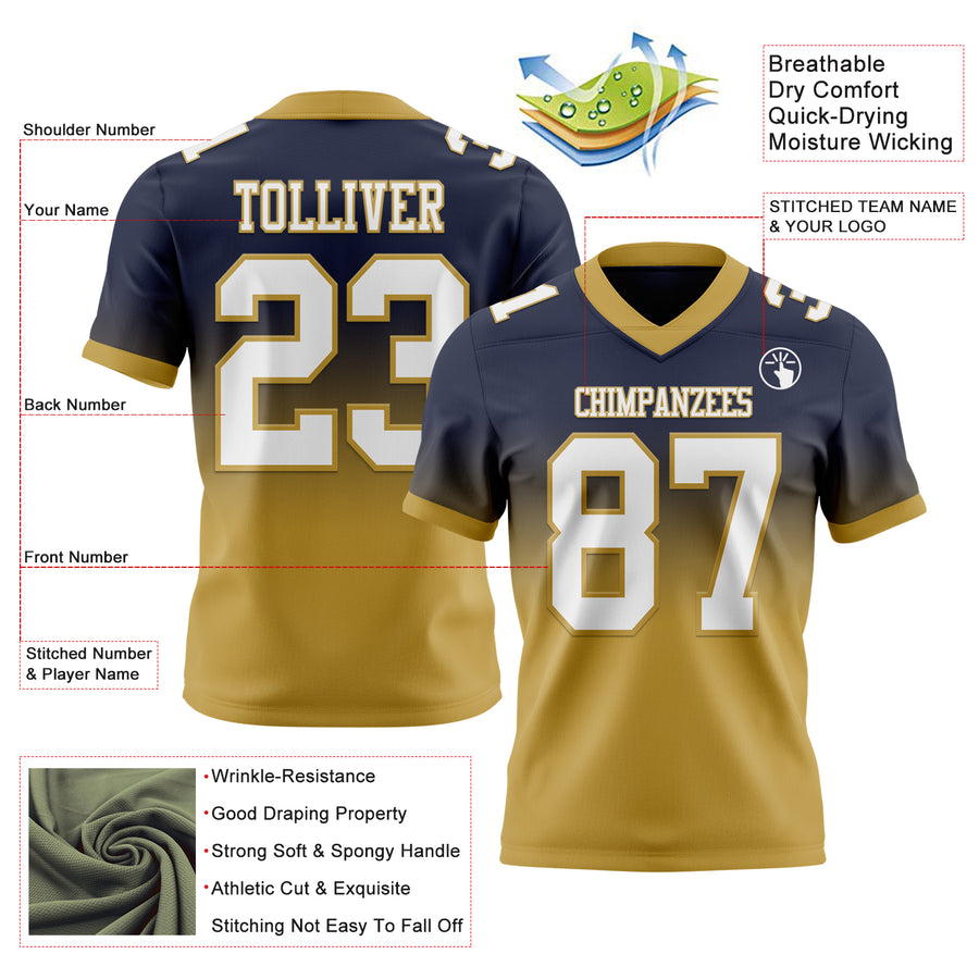 Custom Navy White-Old Gold Authentic Fade Fashion Football Jersey