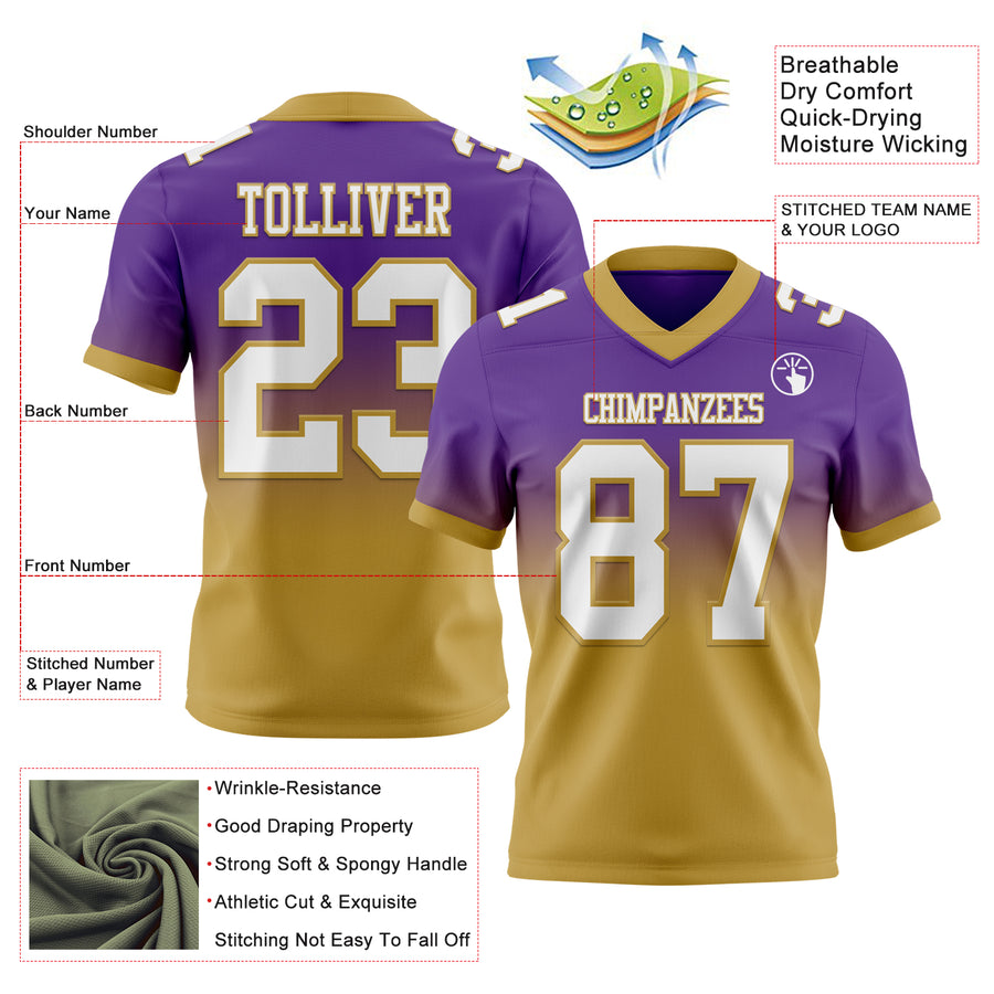 Custom Purple White-Old Gold Authentic Fade Fashion Football Jersey