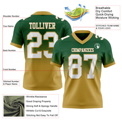 Custom Green White-Old Gold Authentic Fade Fashion Football Jersey