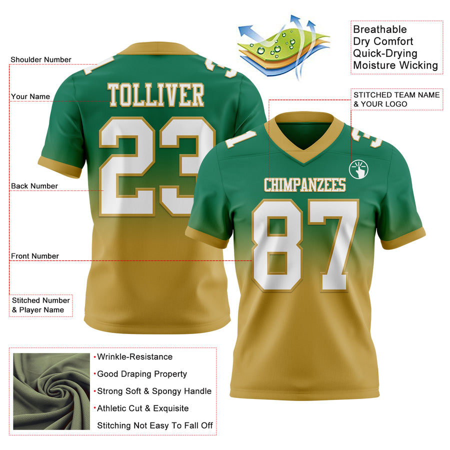 Custom Kelly Green White-Old Gold Authentic Fade Fashion Football Jersey