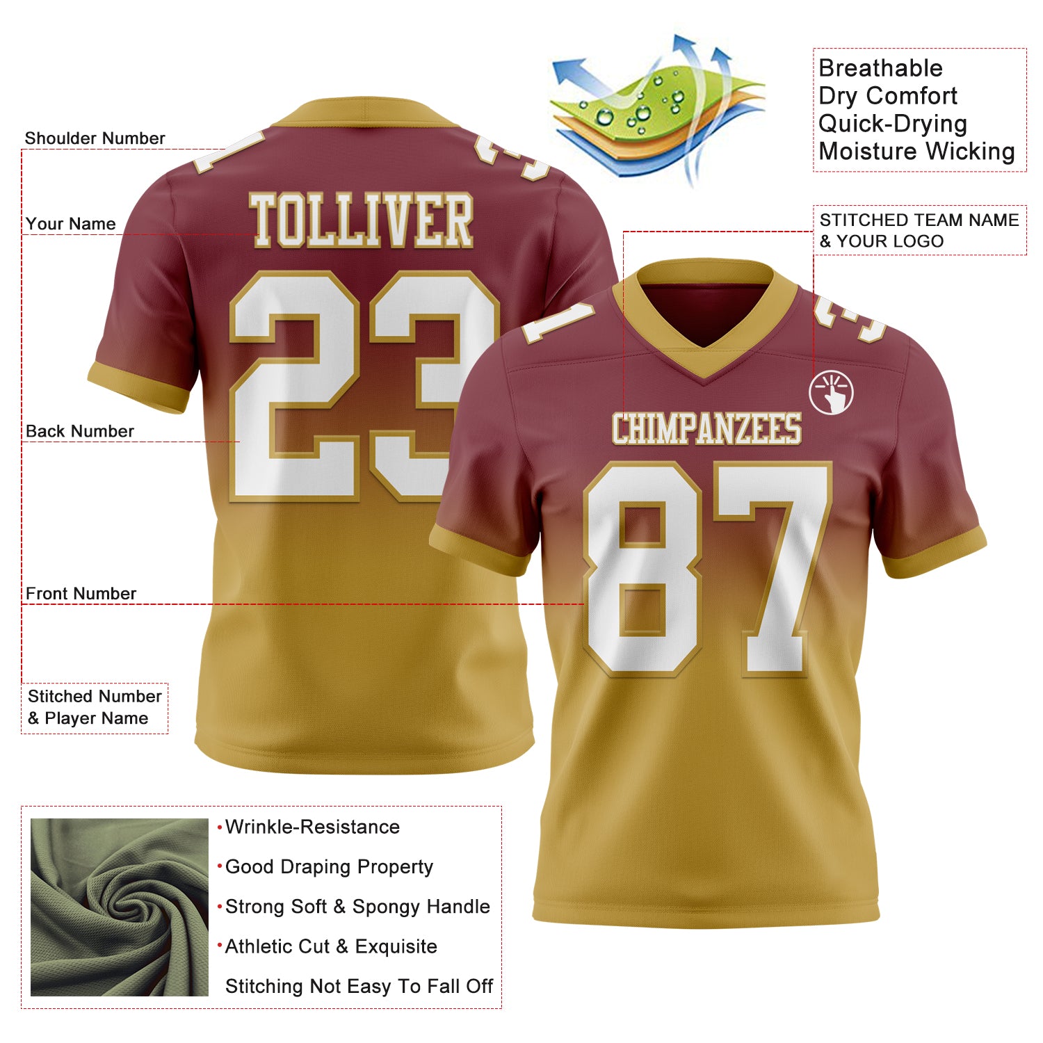 Custom Burgundy White-Old Gold Authentic Fade Fashion Football Jersey