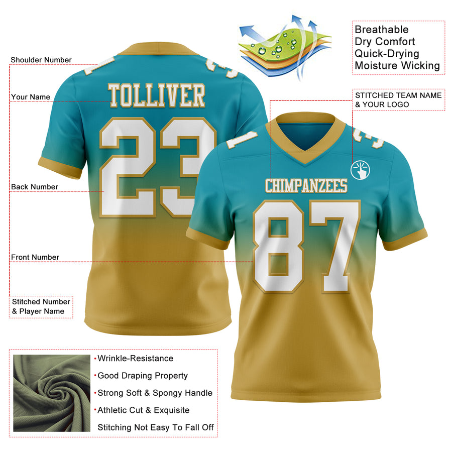 Custom Teal White-Old Gold Authentic Fade Fashion Football Jersey