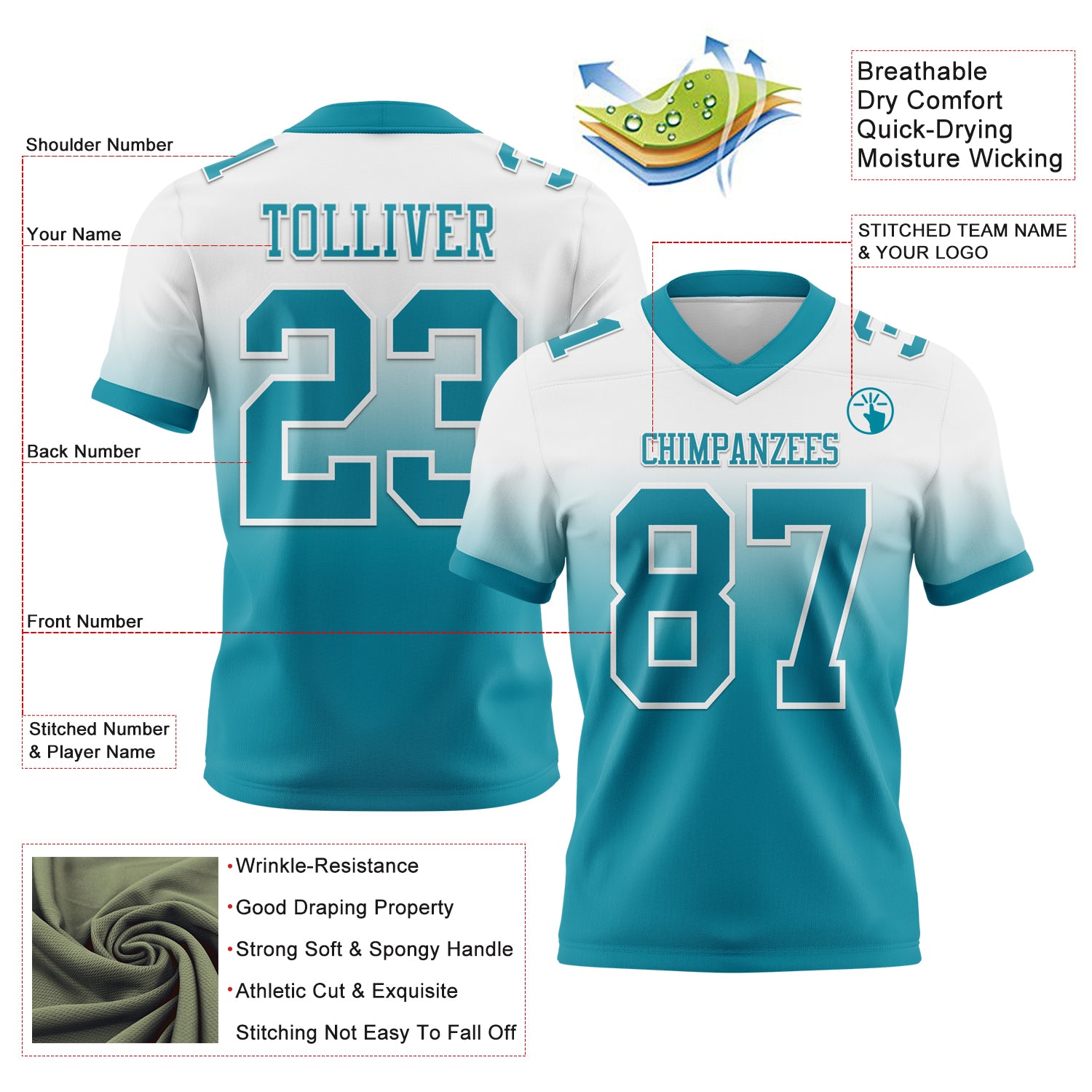 Custom White Teal Authentic Fade Fashion Football Jersey