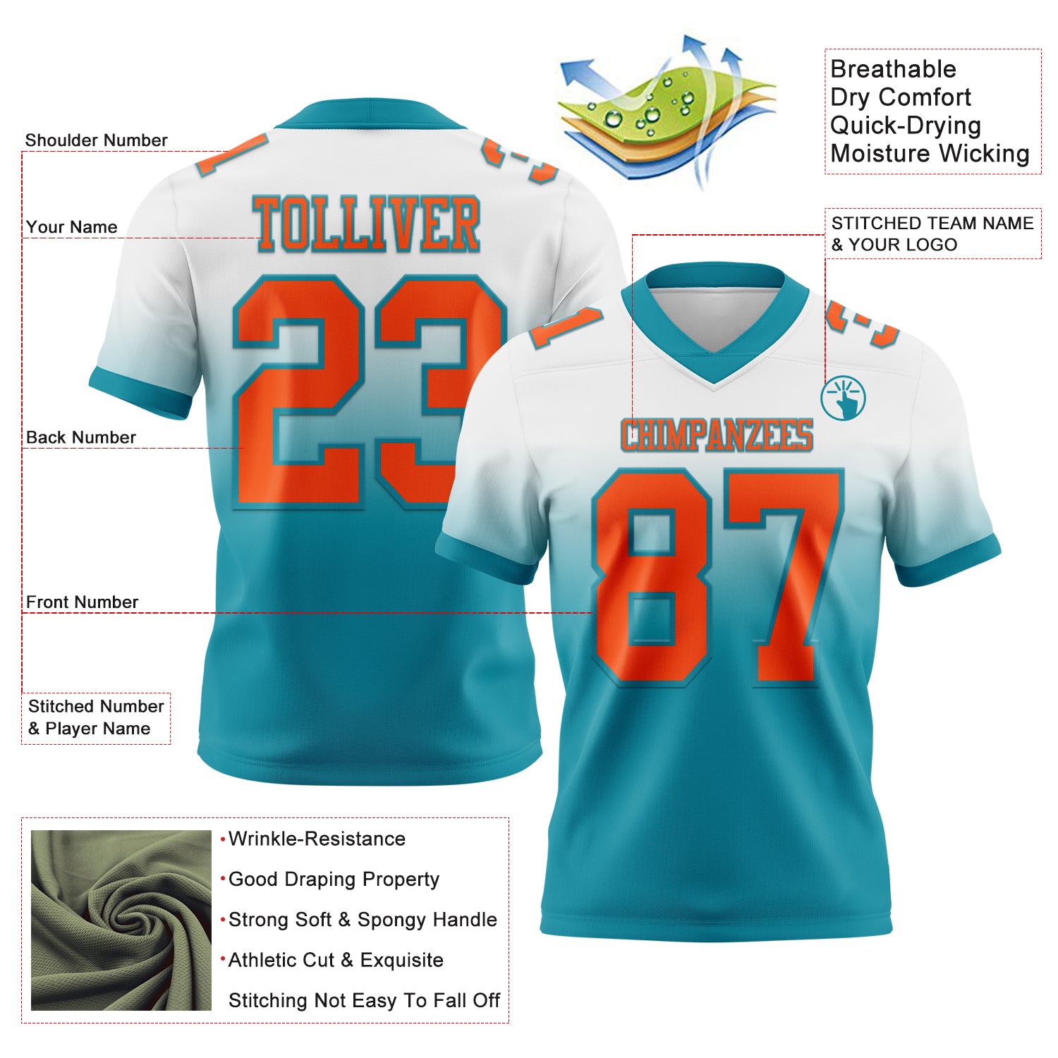 Custom White Orange-Teal Authentic Fade Fashion Football Jersey