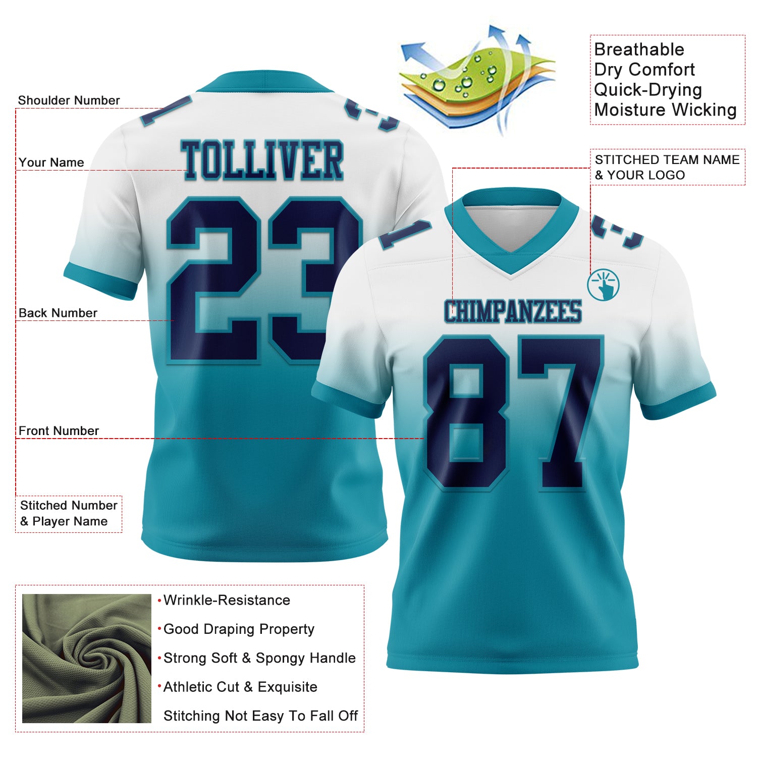 Custom White Navy-Teal Authentic Fade Fashion Football Jersey
